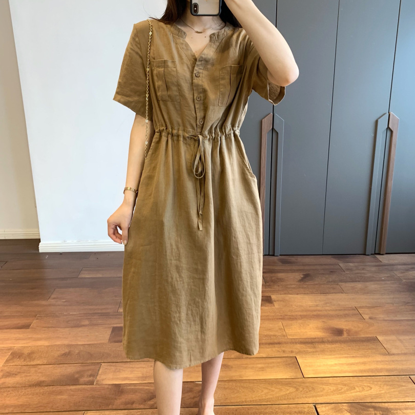 Đầm suông nữ dáng dài phong cách vintage, Đầm thiết kế cổ V 2 túi ngực