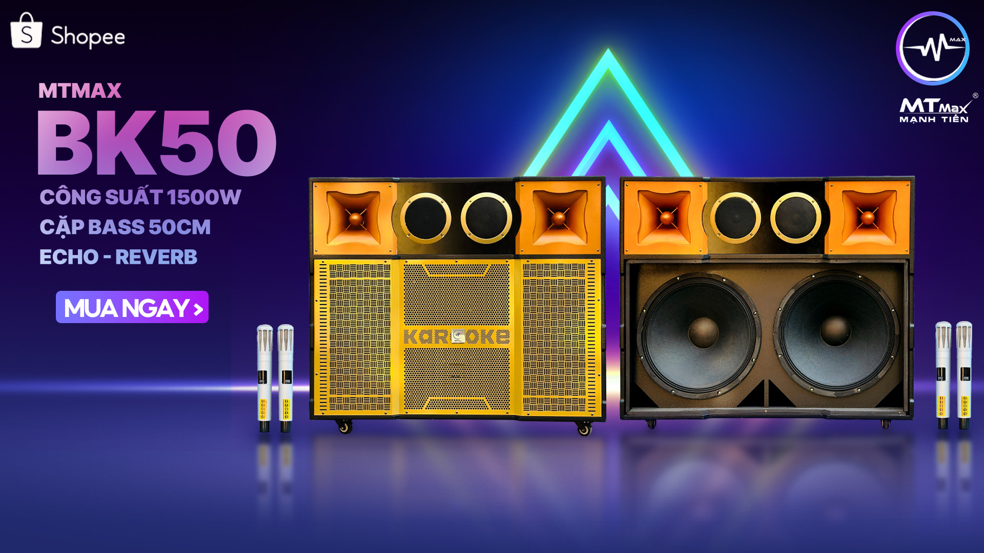 Loa Kéo Di Động MTMAX BK50 - Loa Karaoke Khủng Long, Công Suất 1500W, 3 Đường Tiếng, Bass Đôi 50cm, Âm Thanh Mạnh Mẽ, Đi Kèm 2 Micro Không Dây,Hàng Chính Hãng