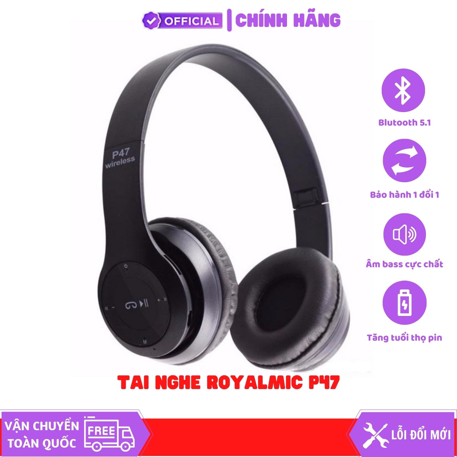 Tai Nghe Bluetooth ROYALMIC P47 có khe thẻ nhớ - Âm thanh cực chất, Có mic over ear headphones - Không đau tai - Hàng Chính Hãng