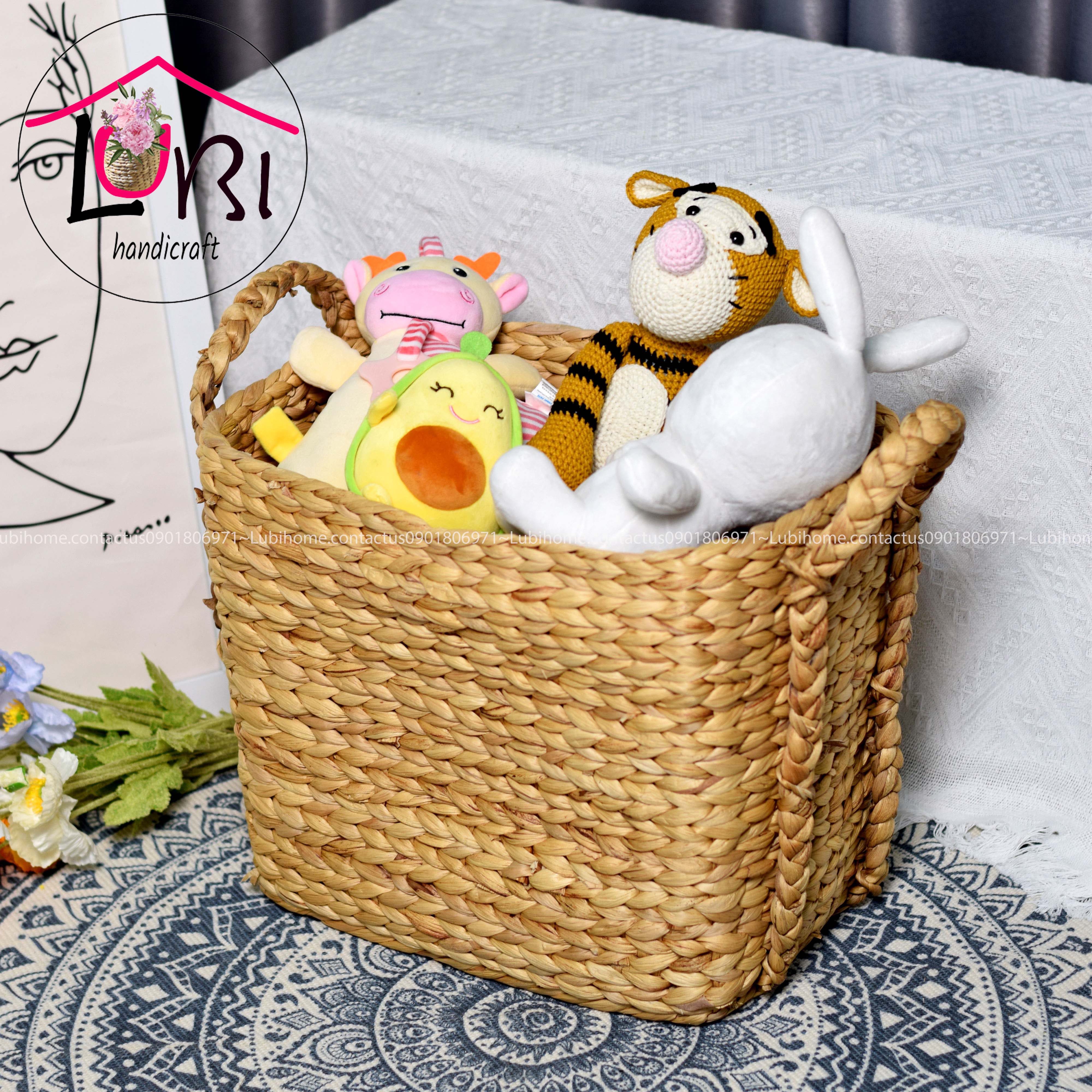 Lubihandicraft - Giỏ đựng đồ lục bình quai đan bím - mộc mạc