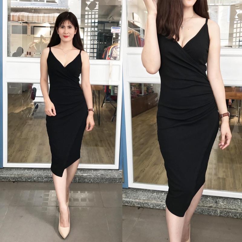 F468 Đầm ôm body 2 dây phom dài , tà đắp chéo