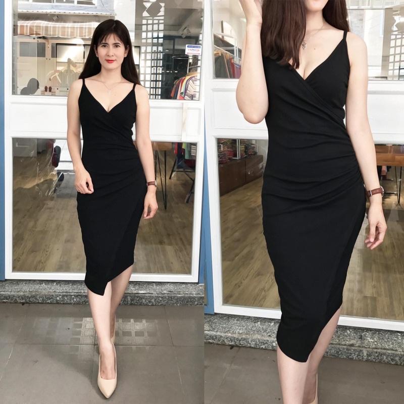 F468 Đầm ôm body 2 dây phom dài , tà đắp chéo