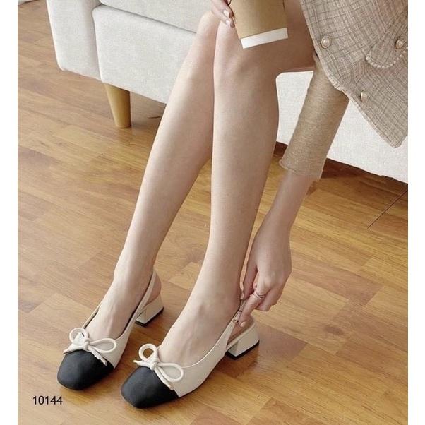 Giày sandal dáng slingback nữ mũi tròn đen phối nơ xinh xắn đế 3cm 2 màu đen trắng phong cách công sở nữ tính - Mã G55