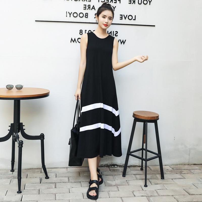 Women Loose Printing Milk Silk Stripes Sleeveless Dress - Black Size XXL