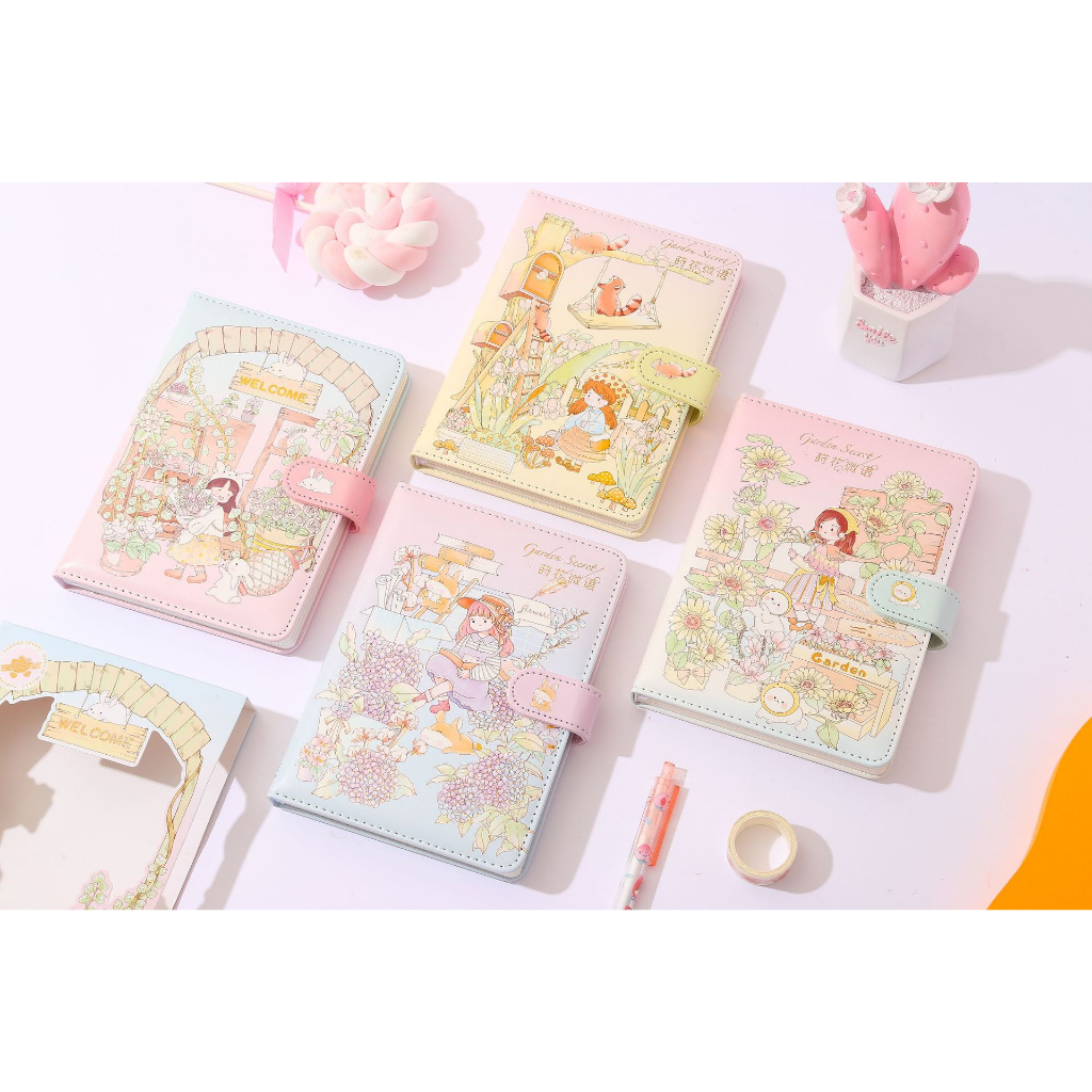 Sổ tay bìa da PU cúc bấm, Sổ tay da mềm có nắp khóa mẫu cô gái Garden Secret họa tiết hoạt hình dễ thương B181