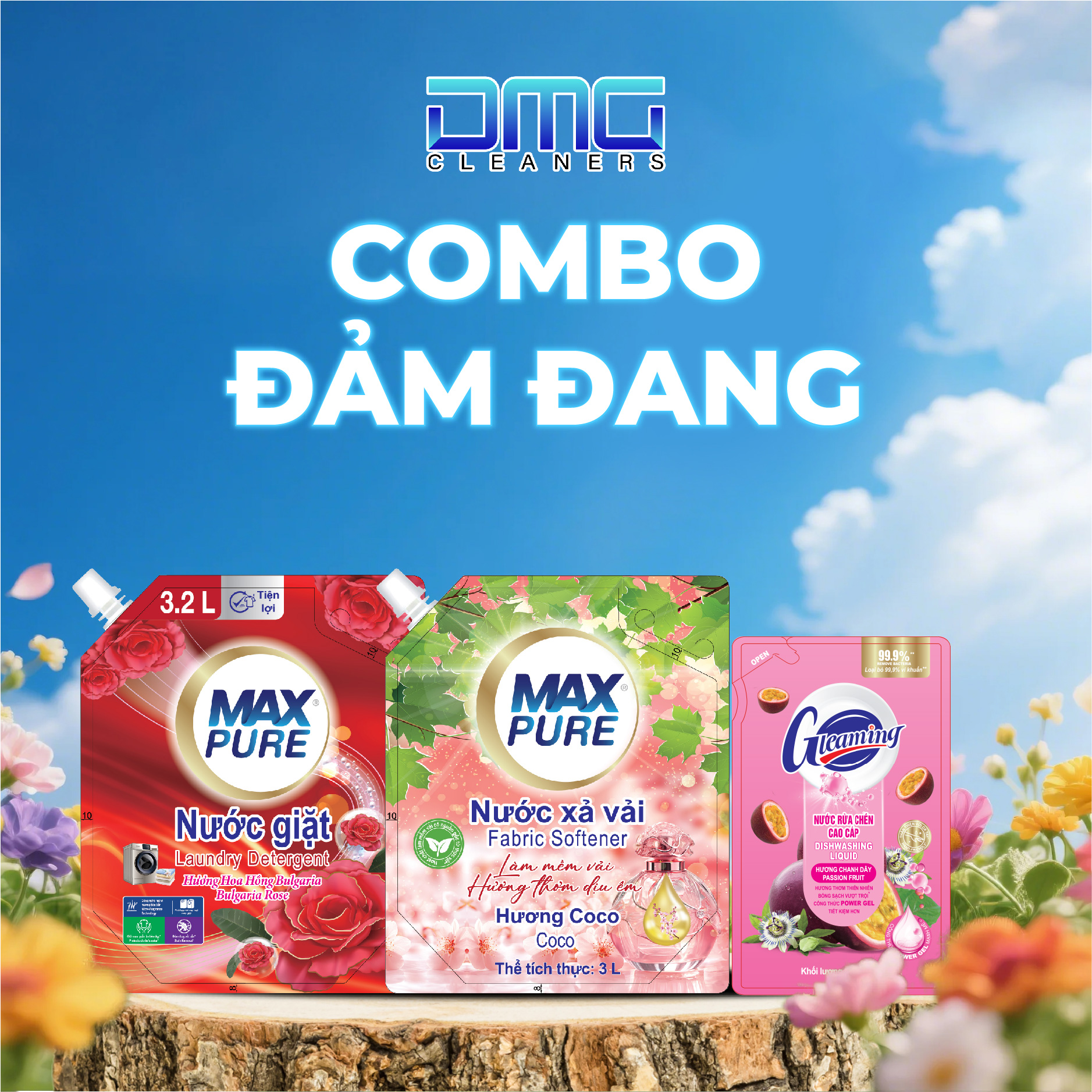 Combo Đảm Đang: 1 Túi Nước Giặt 3,2L Hương Lily Hy Lạp + 1Túi Nước Xả 3L Hương Thư Thái + 1 Túi Nước Rửa Chén Bát 200ml Hương Chanh Đào