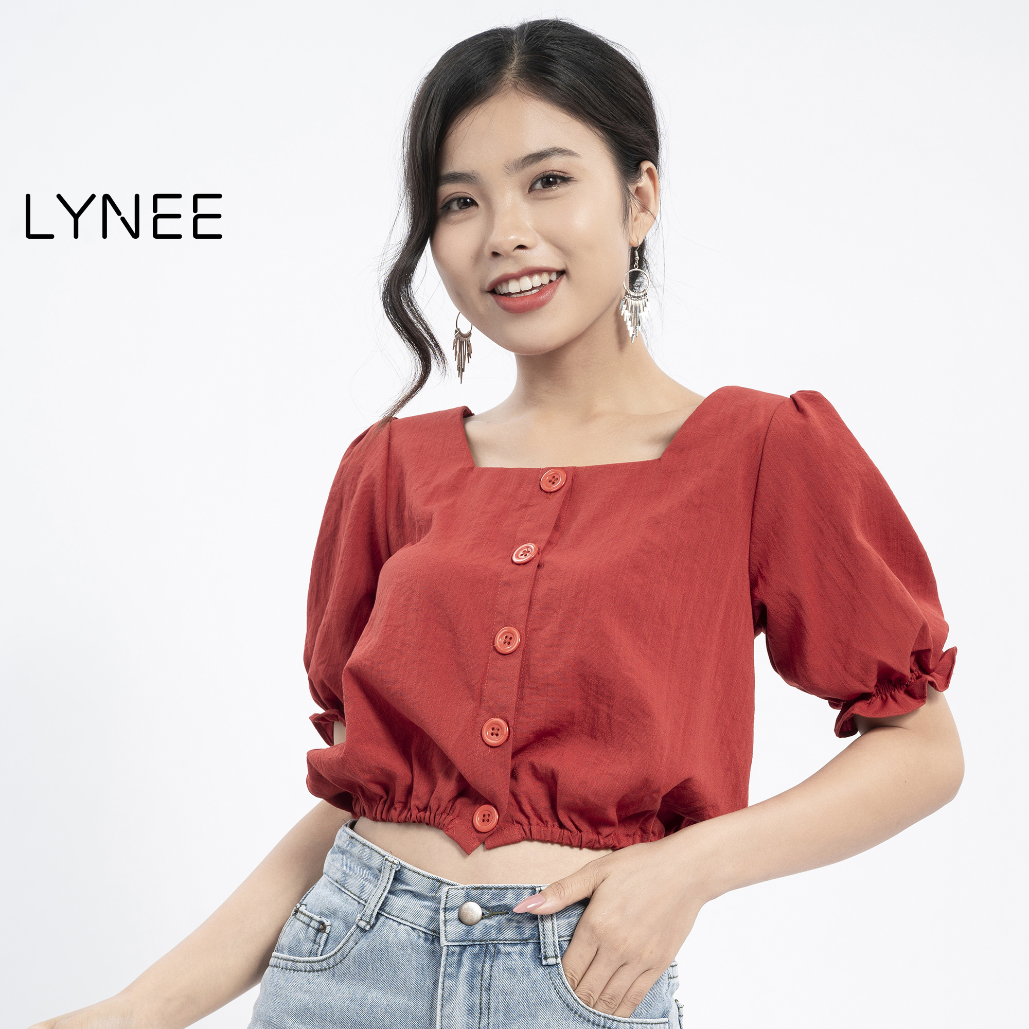 Áo croptop cổ vuông nữ tay bồng LYNEE áo kiểu nữ croptop vải linen mềm mát xinh dịu dàng đáng yêu - CT01