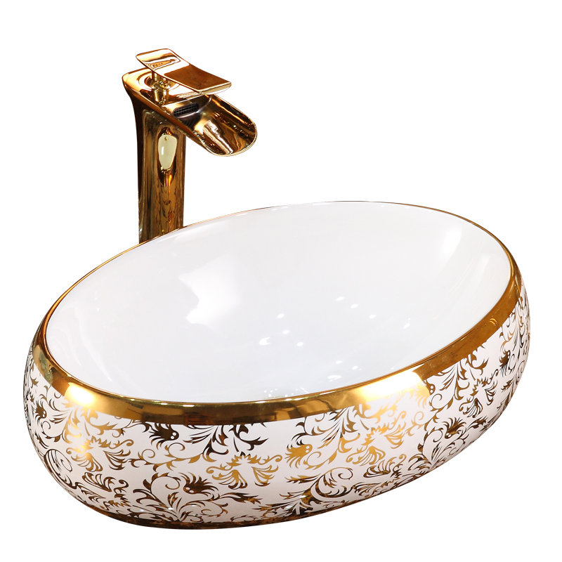 Chậu lavabo đặt bàn Oval hoa văn dát vàng Navier NV-418