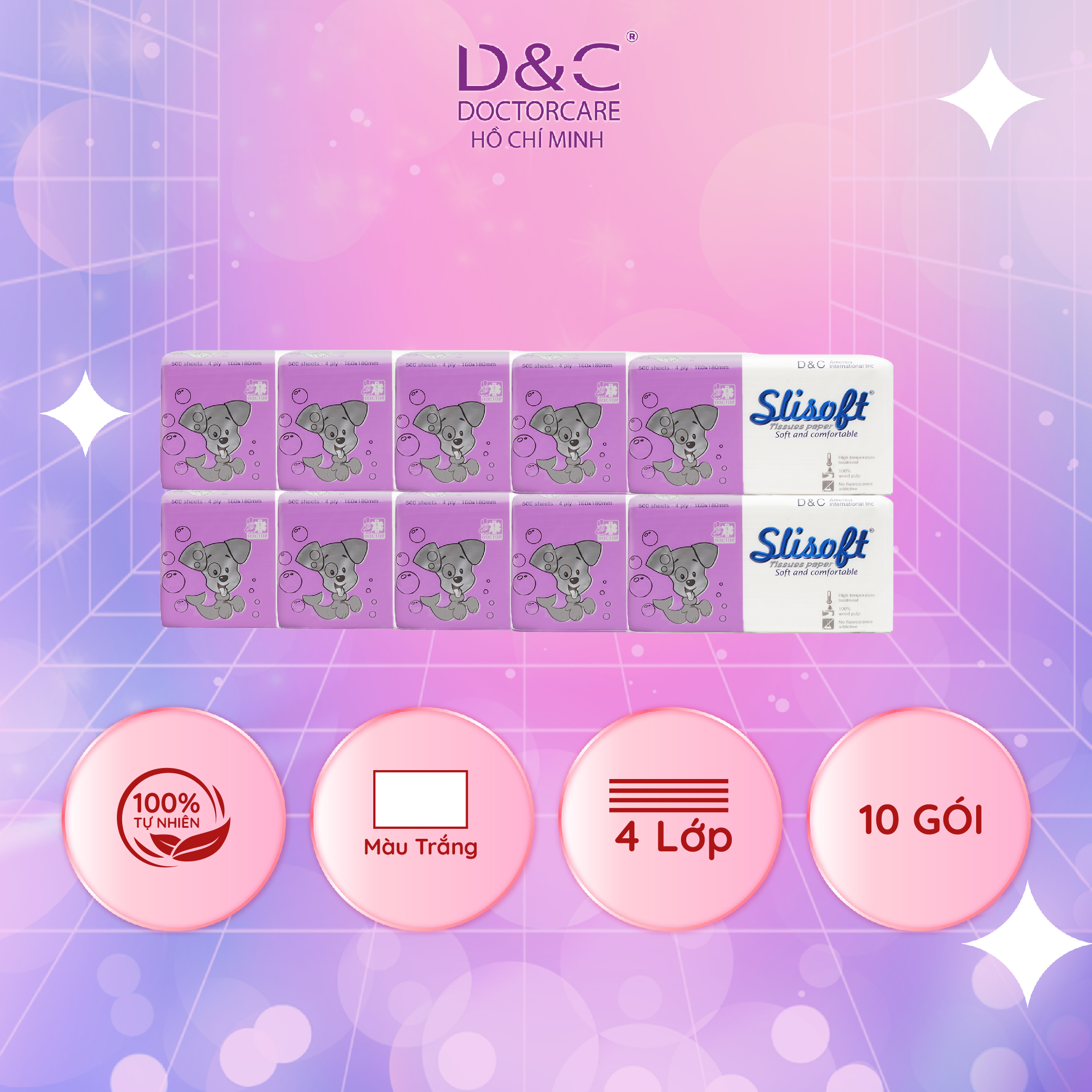 10 Bịch Giấy Ăn Slisoft 4 Lớp Trắng Tự Nhiên Đa Năng, Khăn Giấy Rút Không Chất Tẩy Trắng An Toàn Cho Cả Gia Đình - Cún Tím