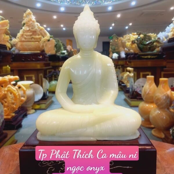 Tượng Phật Thích Ca Đá Phong Thủy Ngọc Onyx Trắng Tự Nhiên 26cm
