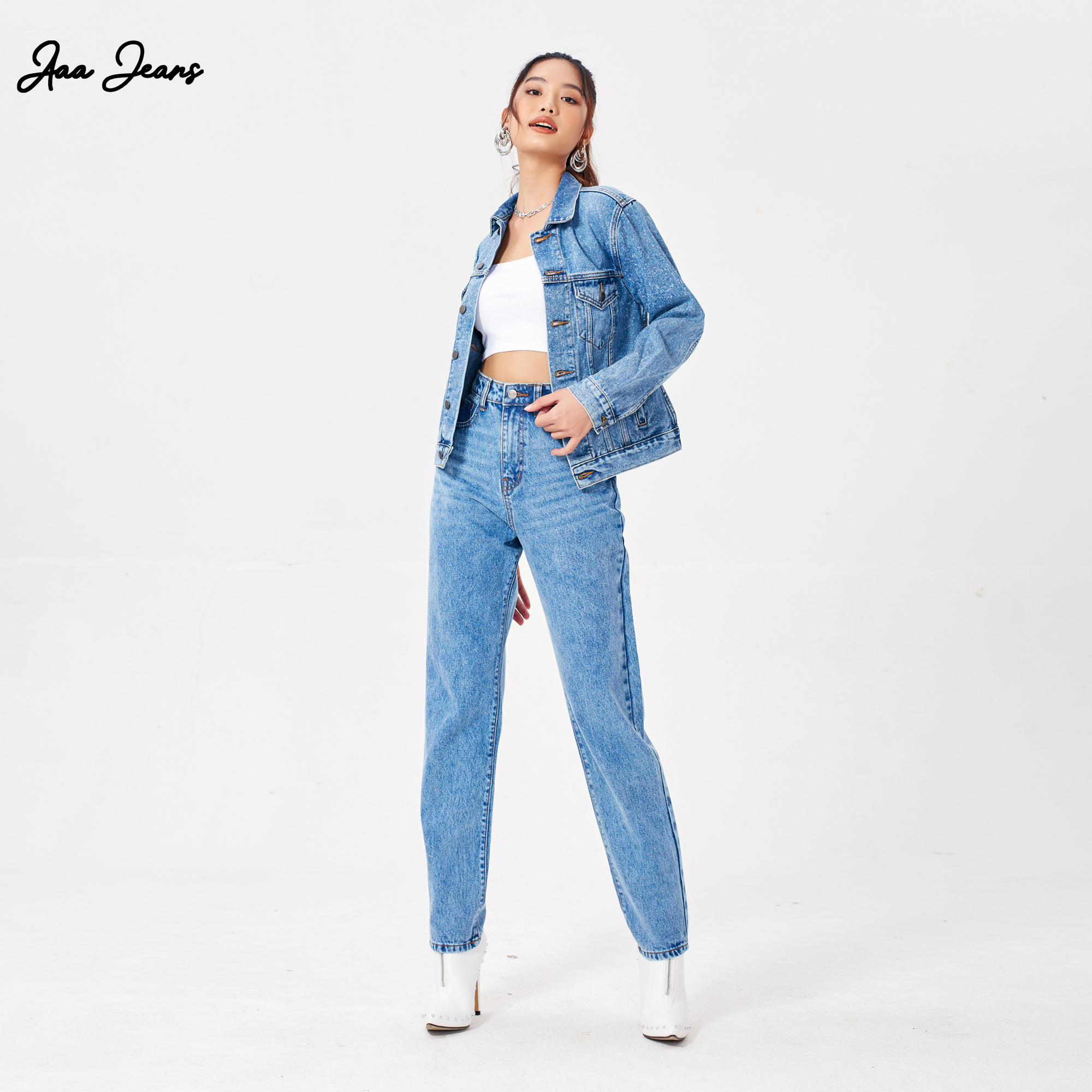 Quần Mom Jeans Lưng Cao Màu Classic Blue Aaa Jeans