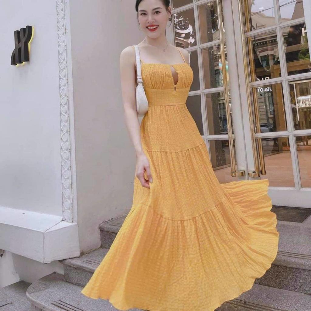 Đầm váy maxi xốp 2 dây nhún tầng hở lưng siêu hot