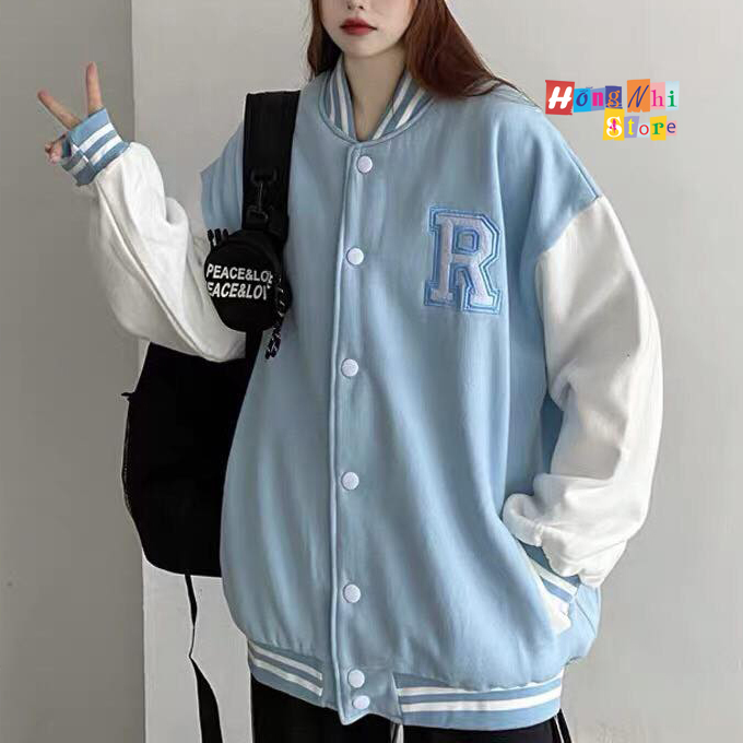 Áo Khoác Bomber Thêu Chữ R Raysoran Viền Cổ Ulzzang Unisex Dáng Rộng Nam Nữ - MM - M