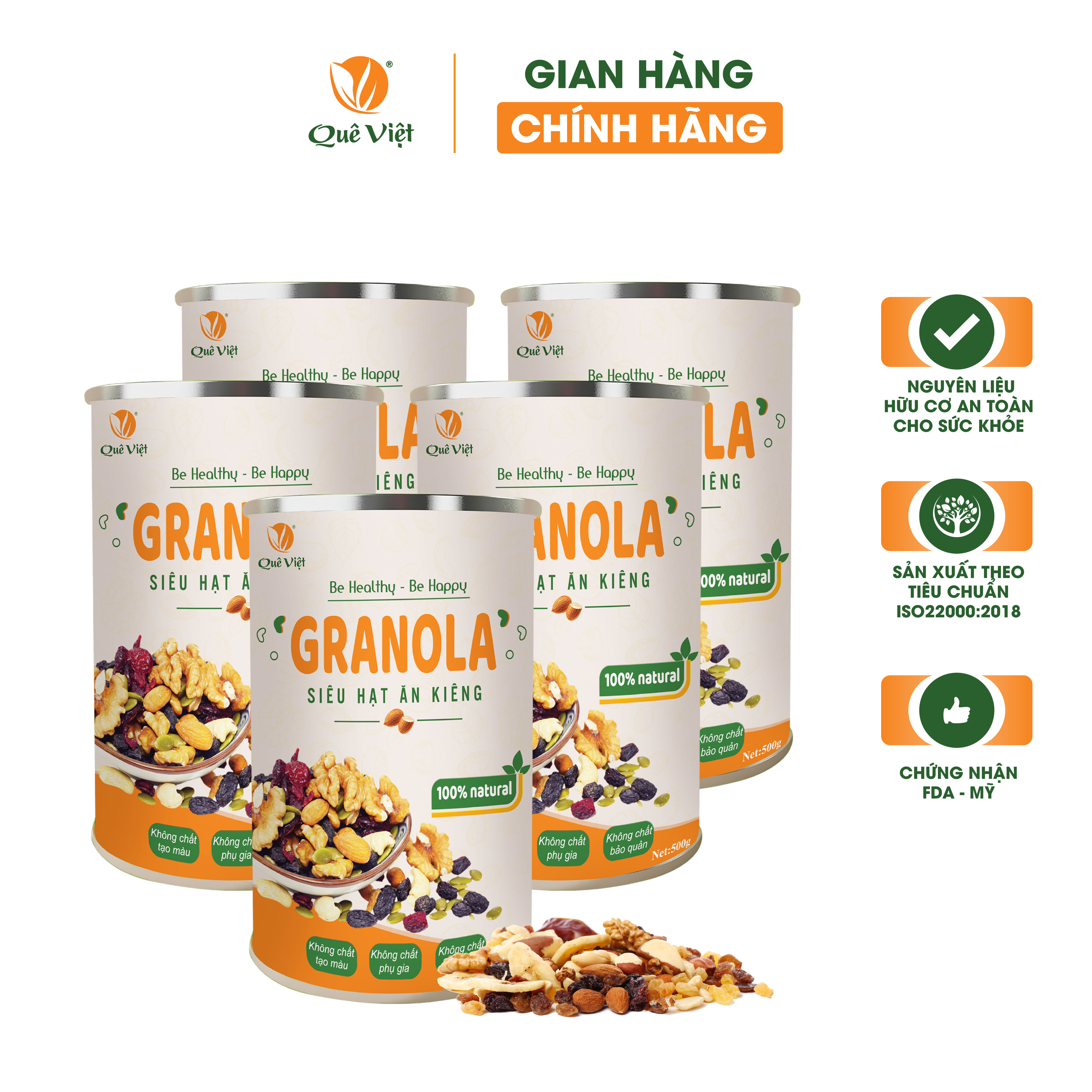 Granola siêu hạt ngũ cốc ăn kiêng Quê Việt, nguyên liệu hữu cơ - combo 5 hộp x 500g/hộp