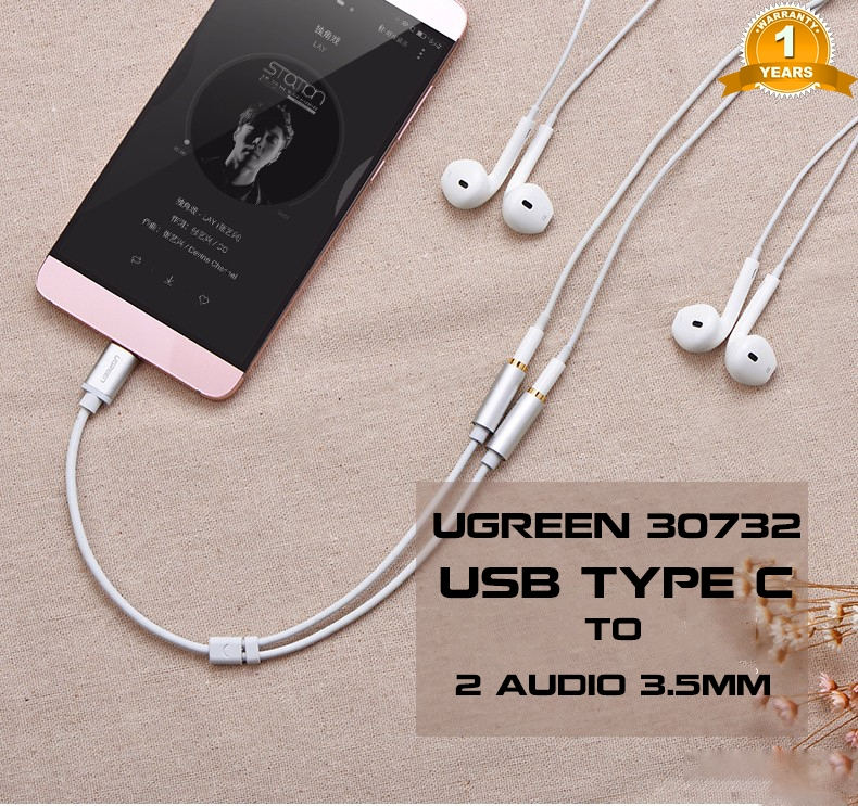 Dây chuyển đổi USB-C ra 2 đầu 3.5mm cái dài 20CM UGREEN AV144 30732 - Hàng Chính Hãng