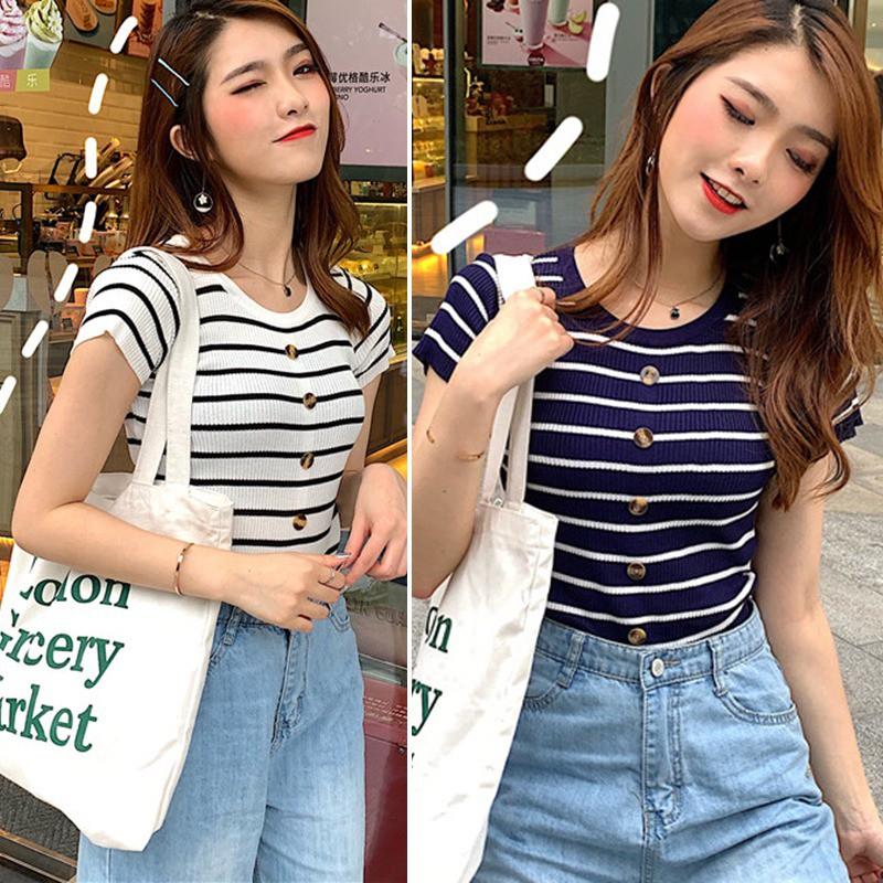 Áo thun tay ngắn dáng ôm họa tiết sọc màu thời trang cho nữ