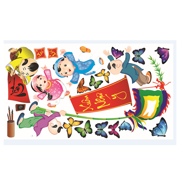 Decal Dán Tường Trang Trí Tết Bé Vui Xuân Cùng Cây Nêu Và Ông Đồ