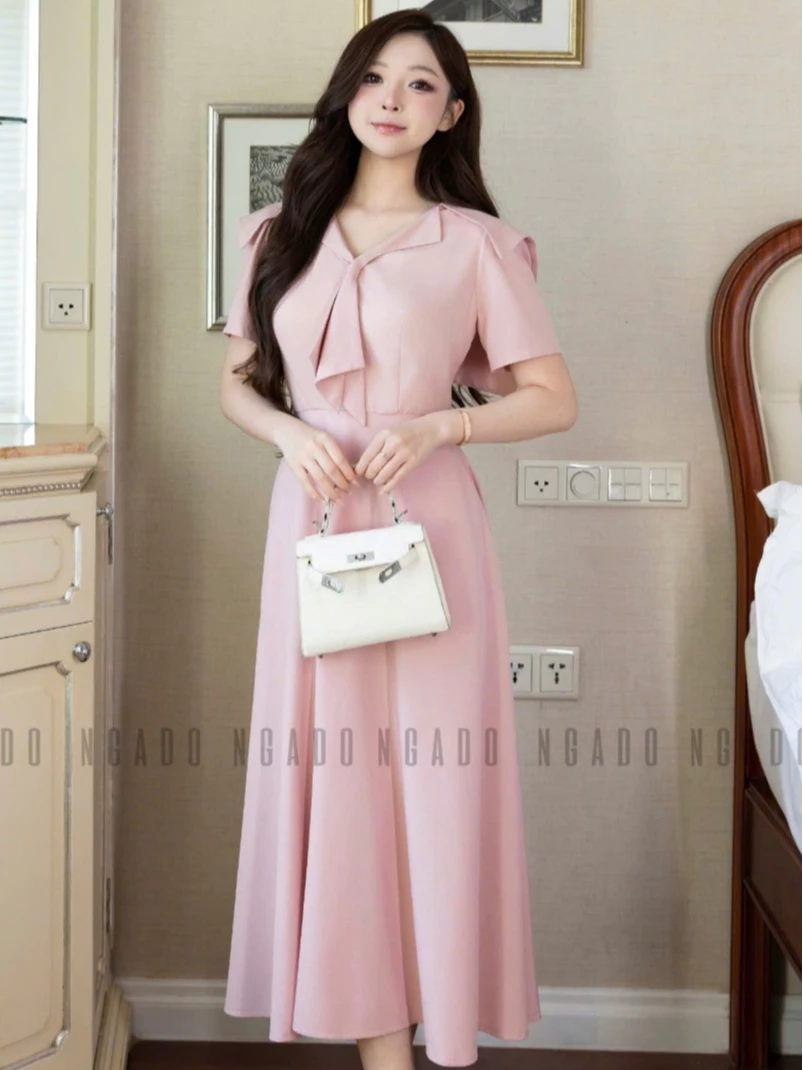 Đầm hồng cổ thủy thủ NGADO , đầm xòe , đầm dáng dài , đầm công sở