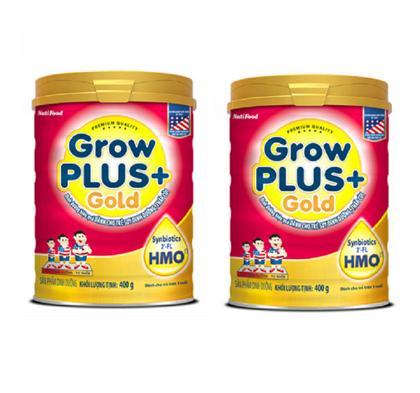 Combo 2 hộp Sữa bột GROW PLUS + GOLD lon 900g có HMO - của NutiFood, dành cho trẻ suy dinh dưỡng, thấp còi, tặng khăn mặt bông mềm mịn cho bé