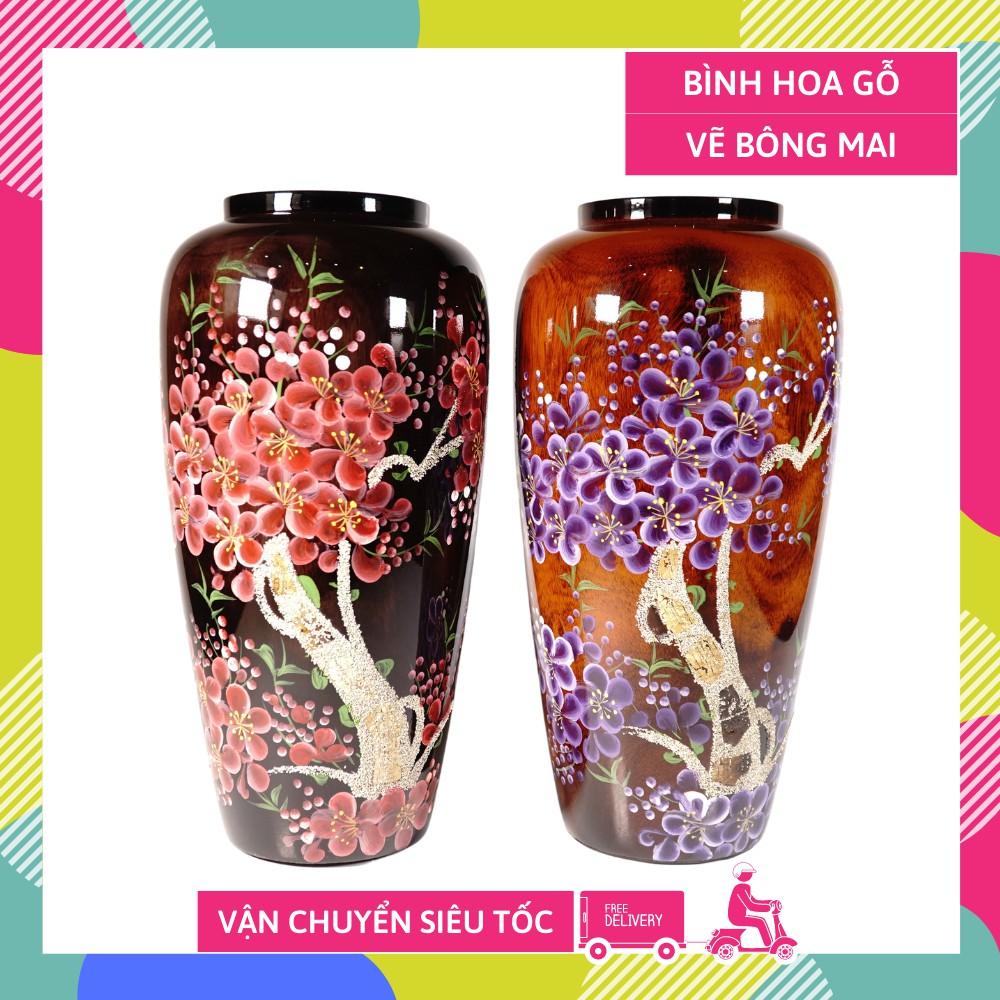 Bình hoa gỗ lớn vẽ cành mai đào lá lan mỹ nghệ cao cấp - Cao 30cm