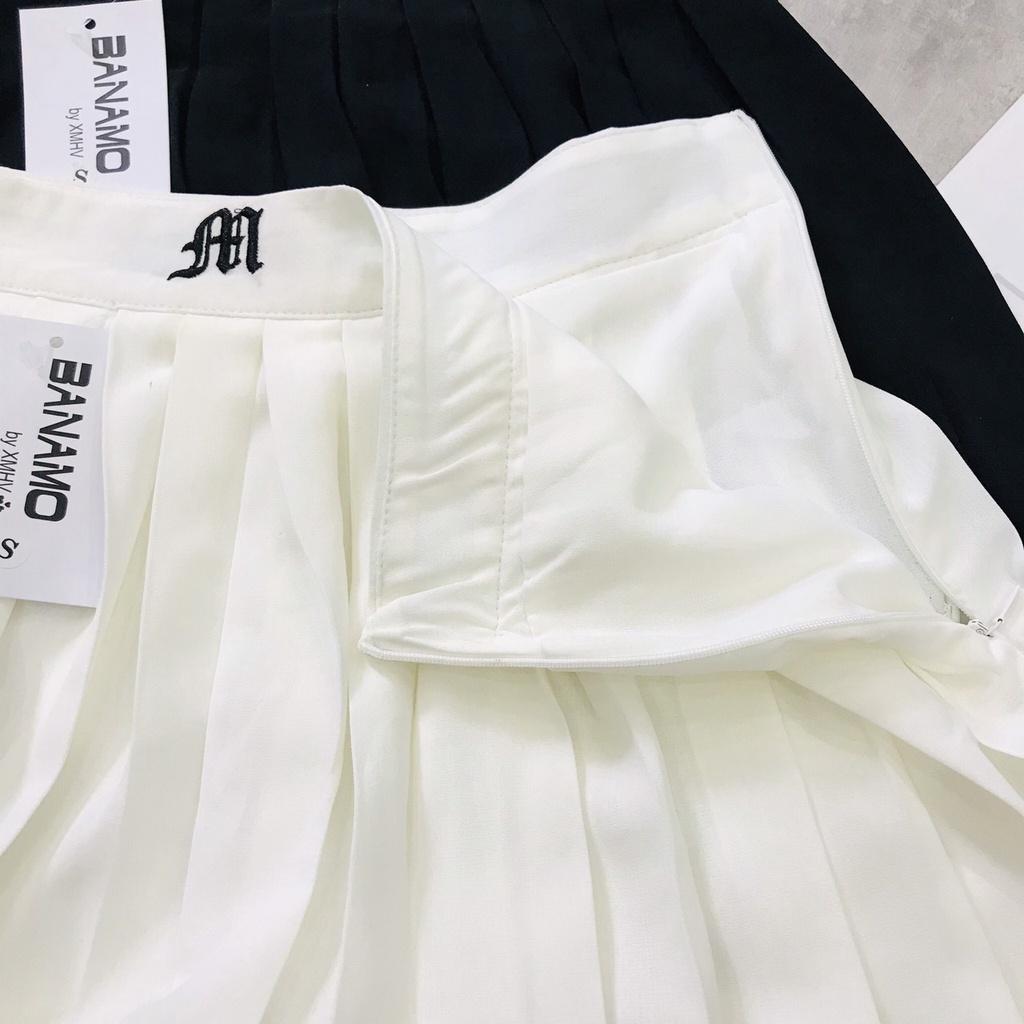 Chân Váy Nữ Ngắn Xếp Ly Kiểu Tennis năng động, Váy ngắn màu trắng đen trơn phong cách Âu Mỹ thêu chữ M
