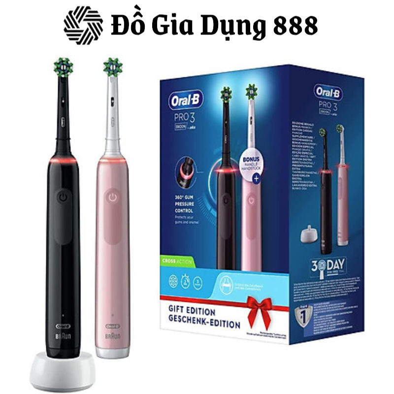 Set 2 Bàn Chải Đánh Răng Chạy Điện Oral-B Pro 3 3900 CrossAction, Oral B Electric Toothbrush, Công Nghệ 3D Làm Sạch Sâu, Nhập Đức, Hàng Chính Hãng