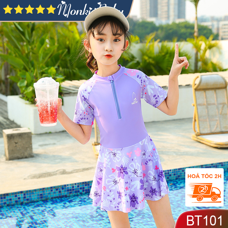 Áo tắm liền thân dáng váy bé gái, quần đùi liền trong váy, chất thun bơi lạnh co giãn tốt, chống nắng nhanh khô, màu sắc họa tiết nữ tính, size từ 10-40kg | BT24