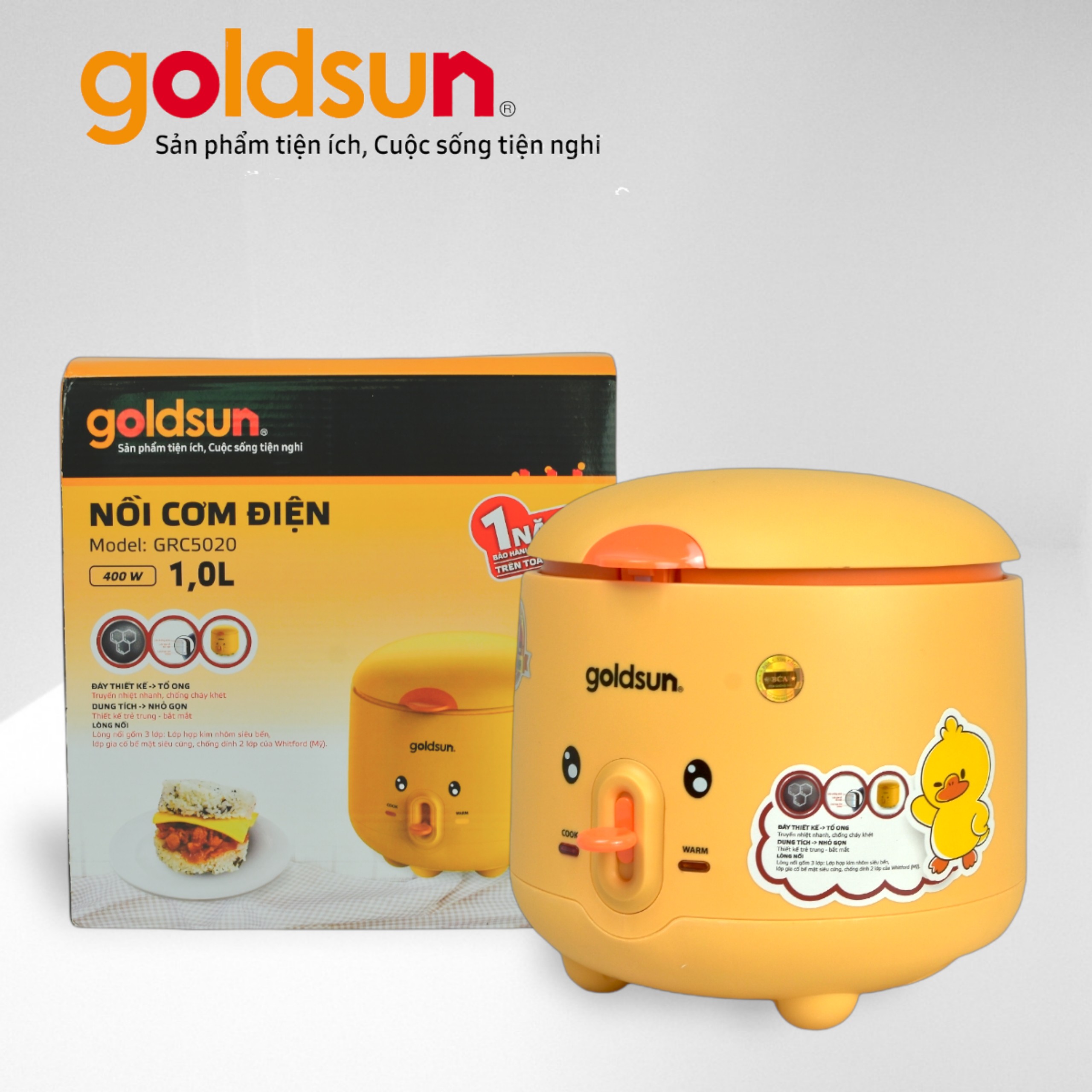 Nồi Cơm Điện Nắp Gài Goldsun GRC5020 Dung Tích 1L Thiết Kế Hình Vịt Dễ Thương Kèm Giá Hấp - Hàng chính hãng Goldsun