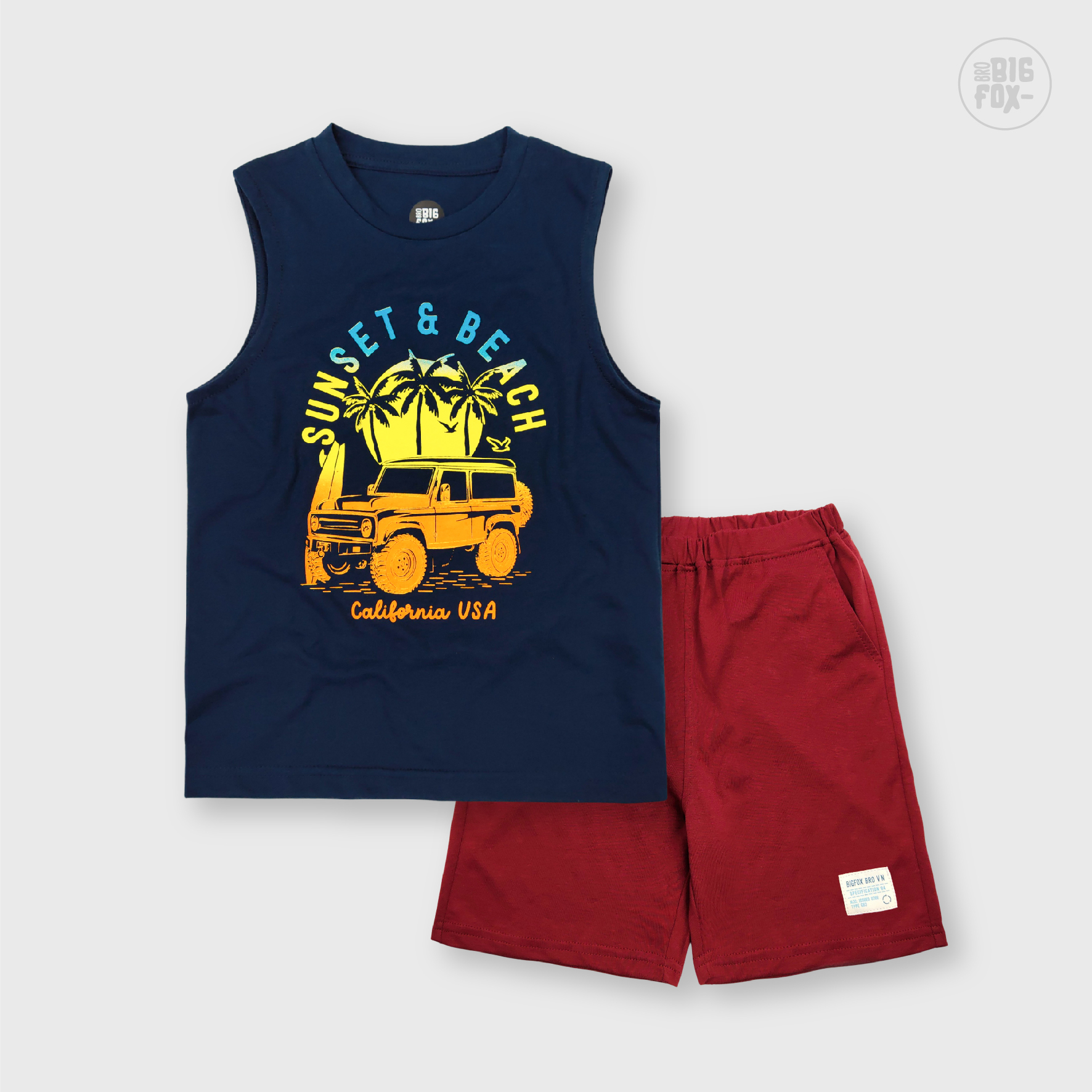 Bộ Ba Lỗ Bé Trai Bigfox, Bộ Quần Áo Trẻ Em Mùa Hè Chất Cotton Mát In Hình Ô Tô Sunset
