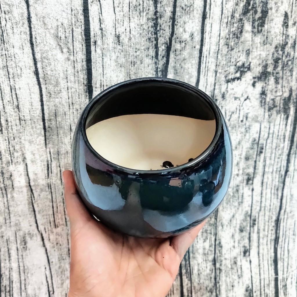 Chậu trồng cây men xanh đậm hỏa biến hình hạt dẻ S2, có đĩa hứng nước, trồng cây để bàn, cây phong thủy siêu đẹp và sang