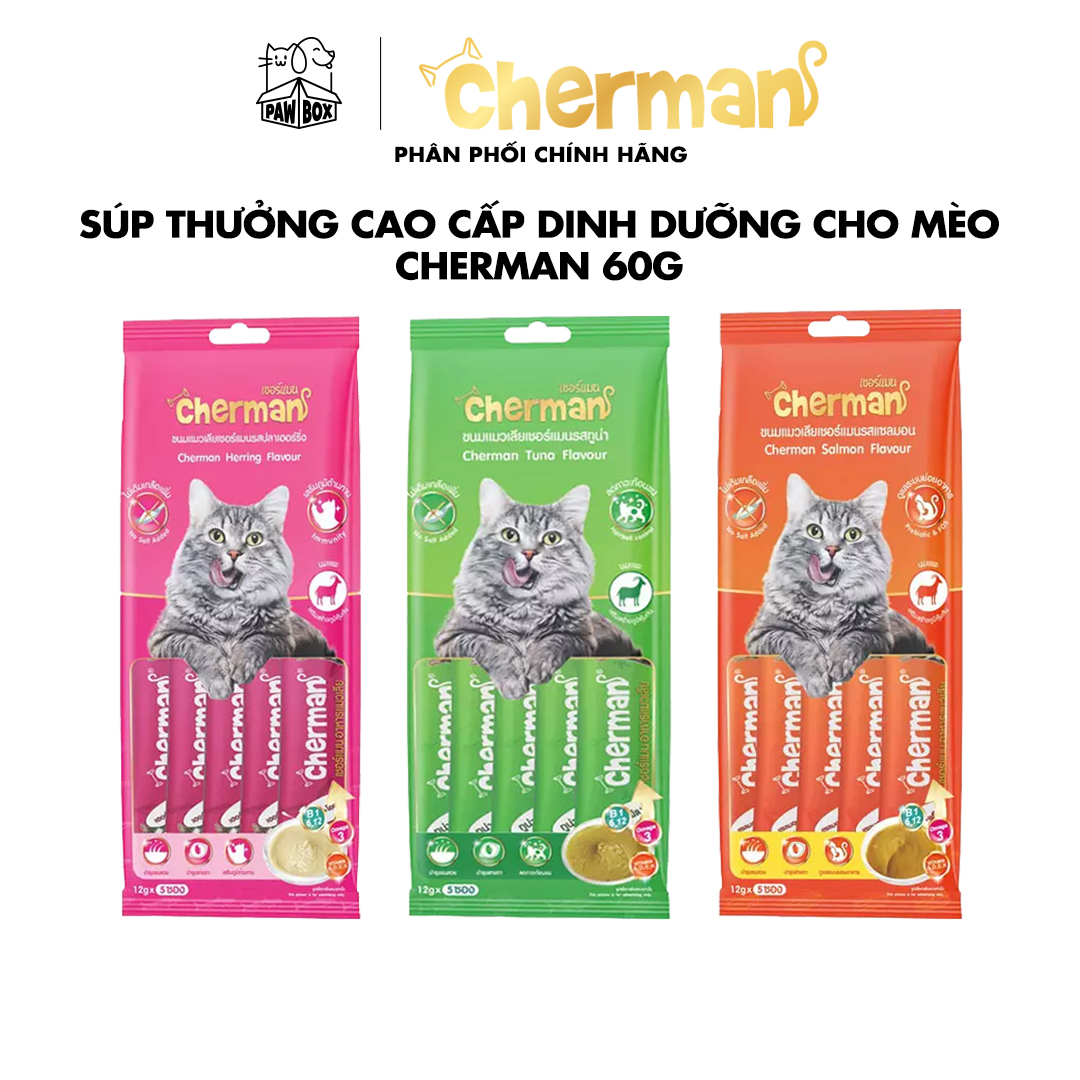 Súp thưởng cho mèo Cherman vị cá hồi và Prebiotic 12g x 5gói