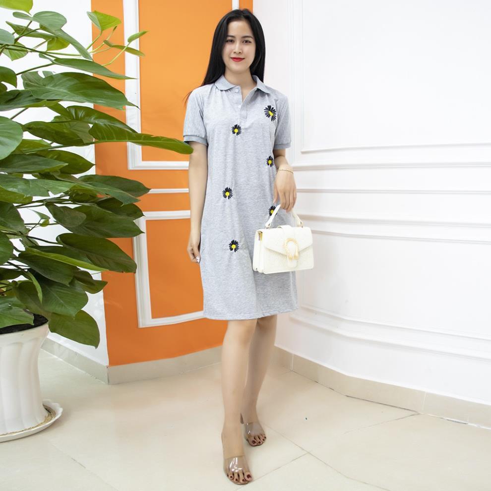 Đầm thun suông cotton co giãn cổ sơ mi Polo thêu hoa,váy ngủ mùa hè mát mẻ - AMYRA