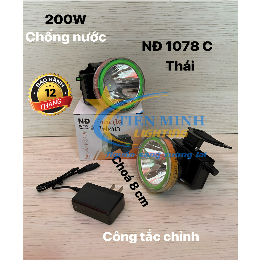 ĐÈN ĐỘI ĐẦU THÁI NĐ-1078C - CÔNG TẮC CHỈNH, CÔNG SUẤT 200W, CHÓA 8.5CM, 2 CHẾ ĐỘ SÁNG, TẦM CHIẾU XA ĐẾN 500M