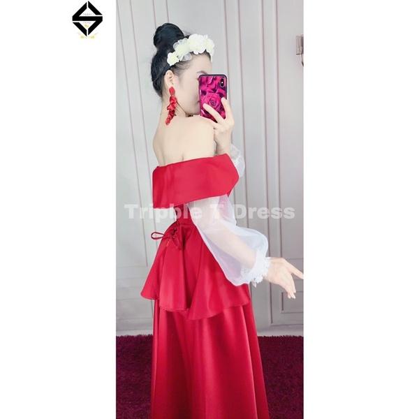 Đầm xòe dự tiệc mặc cưới bẹt vai tay dài voan phối viền ren TRIPBLE T DRESS -size S/M/L - MS51Y