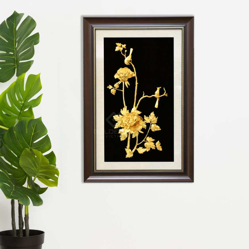 Tranh Hoa Mẫu Đơn 3D 2 bông cỡ lớn mạ vàng 24K