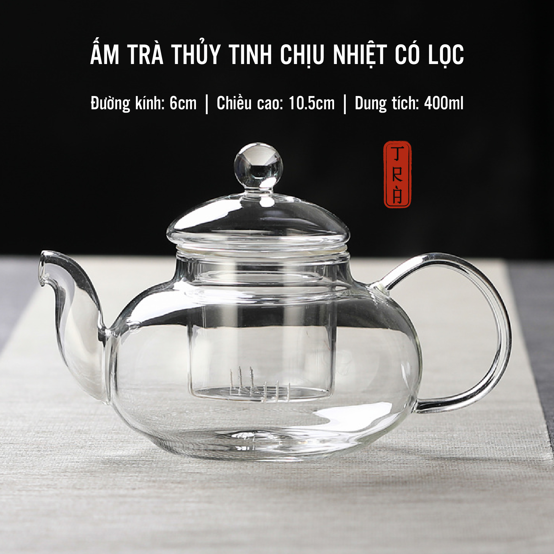 Ấm trà thủy tinh borosilicate chịu được chênh lệch nhiệt độ và có thể đun trực tiếp trên bếp điện, dung tích 400ml