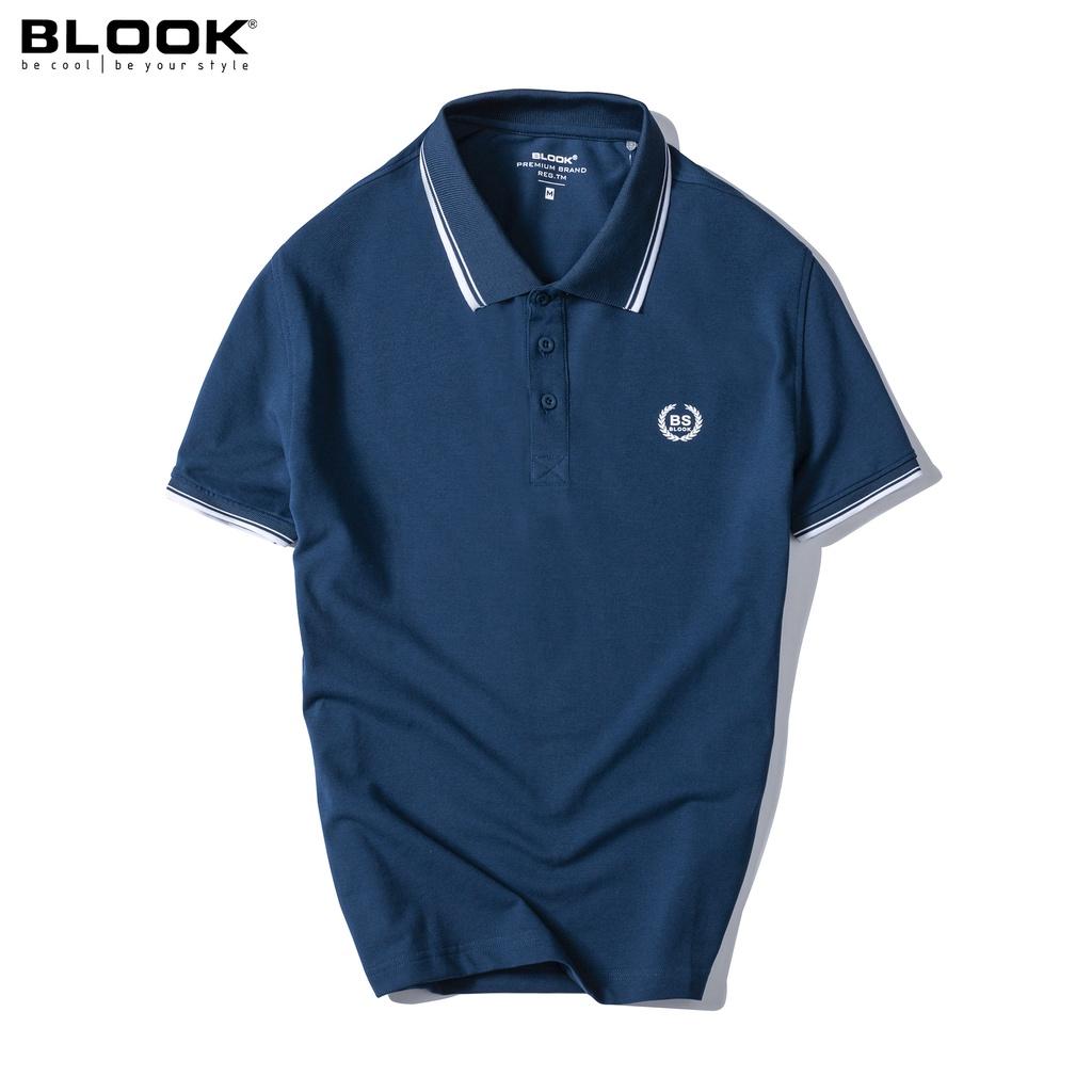 Áo Polo nam BLOOK cổ bẻ vải thun cotton màu trắng phối sọc xanh, xuất xịn 33389