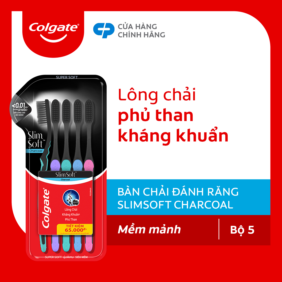 [Gift] Bộ 5 Bàn chải đánh răng Colgate than hoạt tính kháng khuẩn SlimSoft Charcoal mềm mảnh