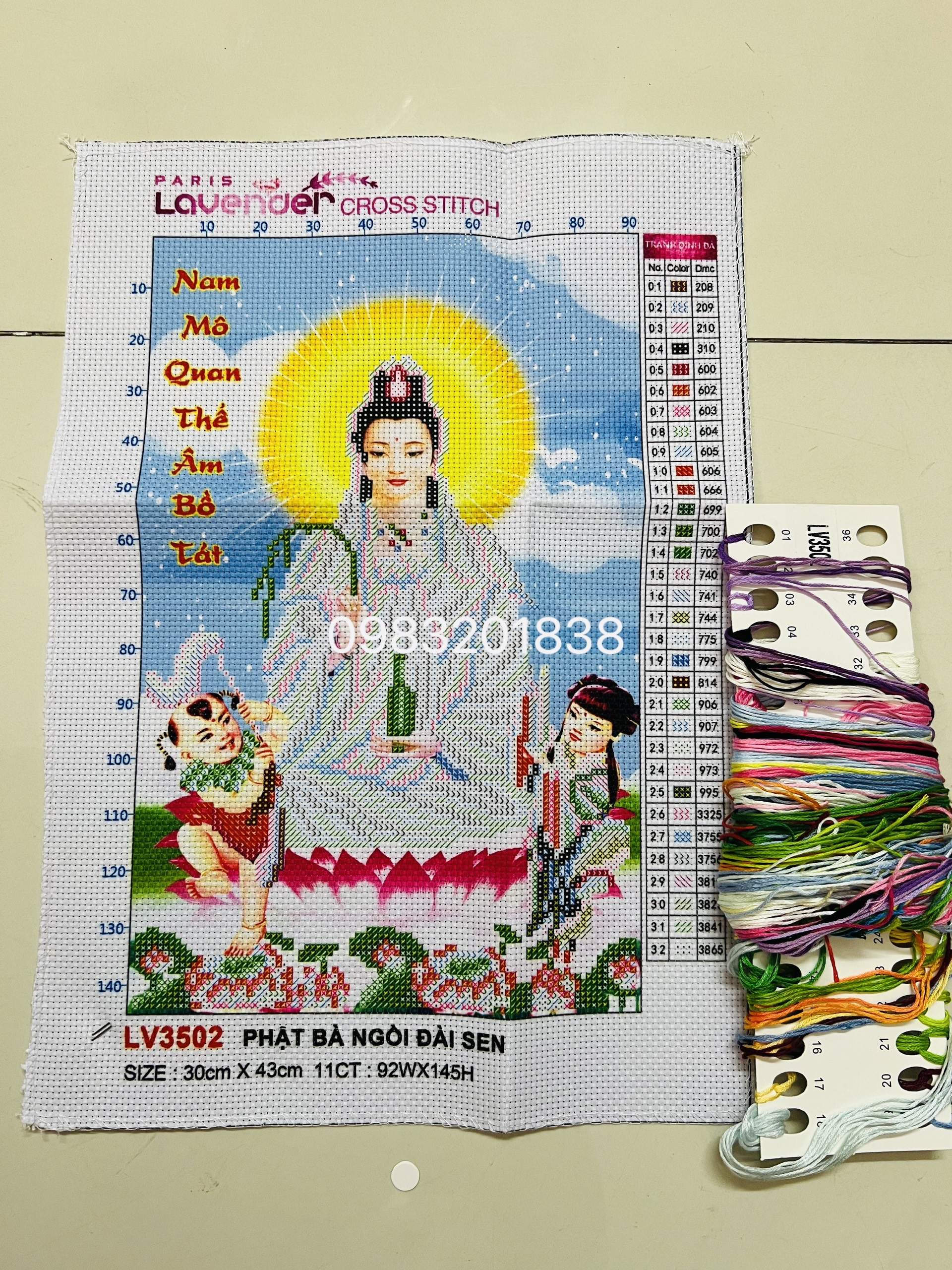 Tranh thêu chữ thập Phật quan âm LV3502, kích thước 30*43 cm