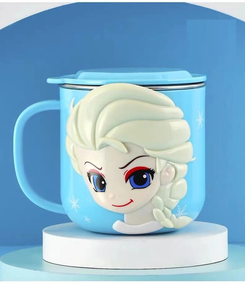 Ly inox giữ nhiệt , cốc có quai cầm 260ml hình công chúa Elsa Frozen nổi 3D màu xanh cho trẻ em , bé gái  - 97VNDP2288