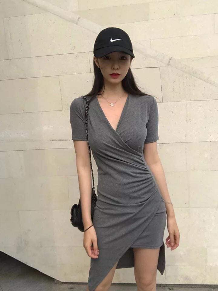 Đầm Ôm Cổ Đắp Chéo, Vạt Chéo Xéo Tà Cao Thấp, Tay Ngắn