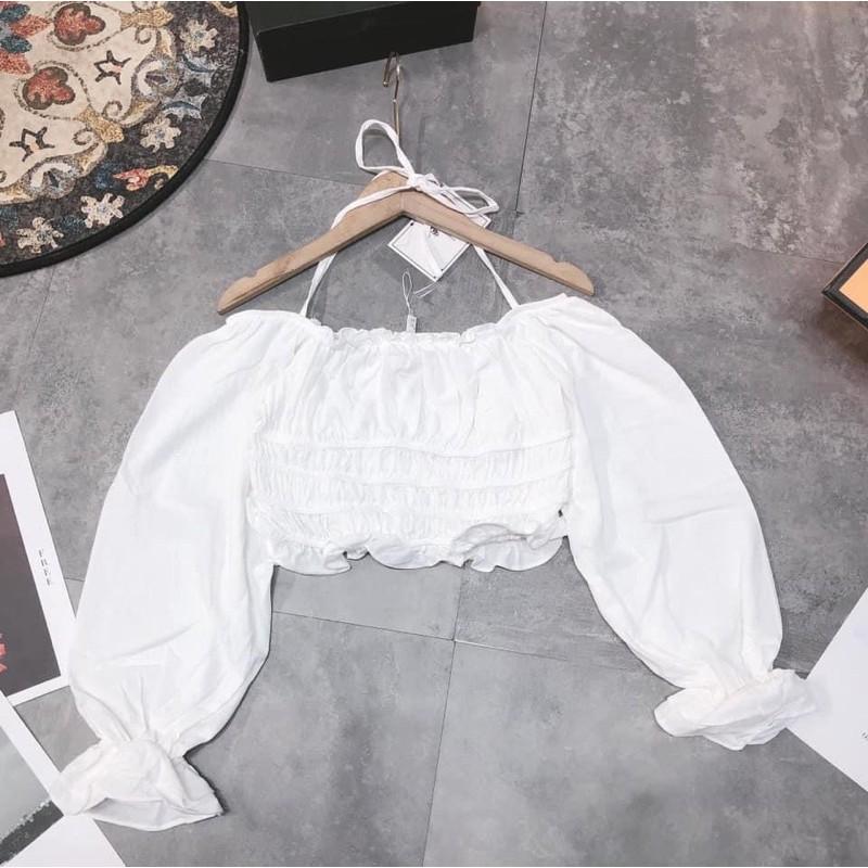 Áo croptop trắng đũi buộc dây