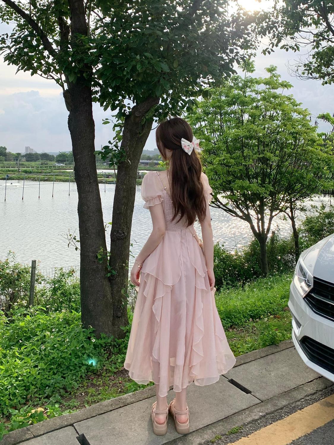 SHUANGYAN Phong cách Pháp cổ vuông nhẹ nhàng Fairy Wind Dress cho phụ nữ mùa hè 2023 Thắt lưng cho phụ nữ