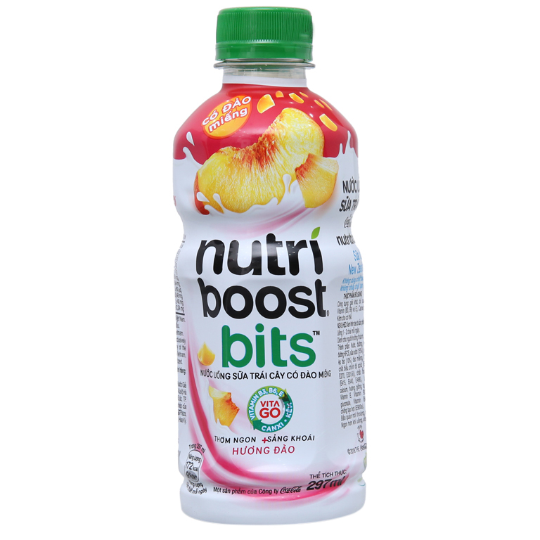 Thùng 24 chai sữa trái cây có đào miếng Nutriboost Bits 297ml
