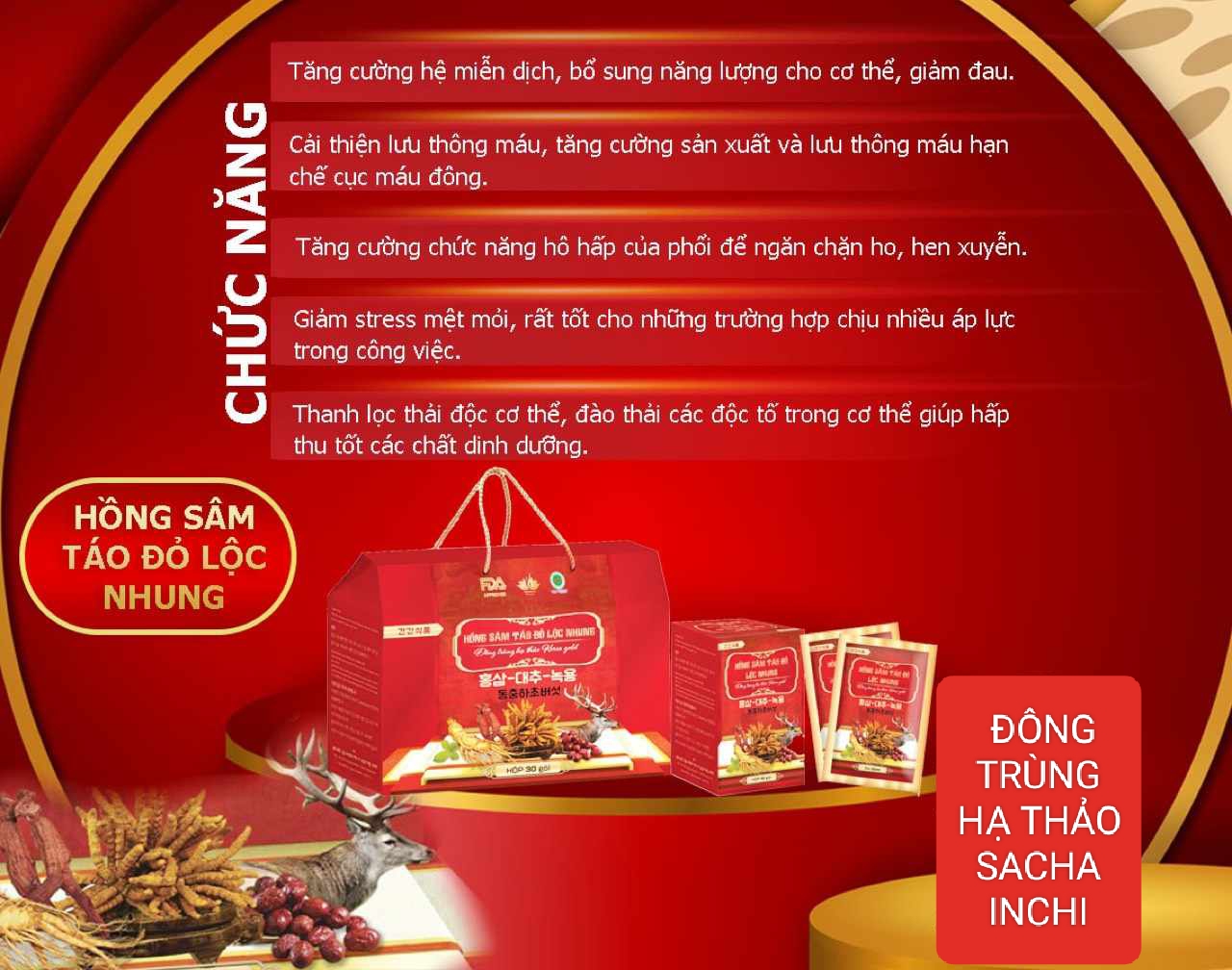 XÁCH HỒNG SÂM TÁO ĐỎ LỘC NHUNG ĐÔNG TRÙNG HẠ THẢO SACHA INCHI