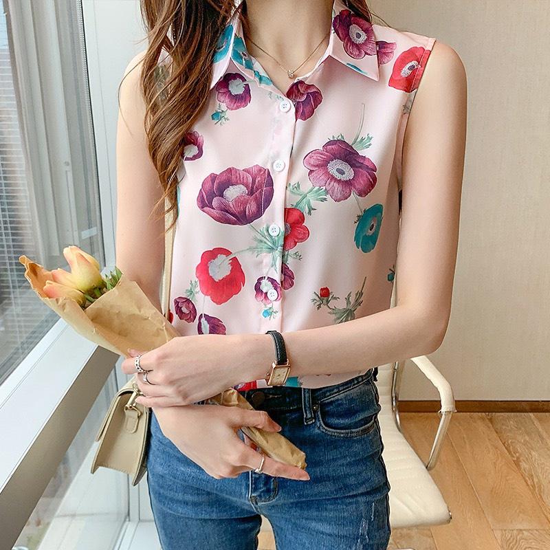 áo sát nách, áo sát nách cổ bẻ, họa tiết hoa trẻ trung năng động, chất liệu lụa hàn mềm mại thoáng mát