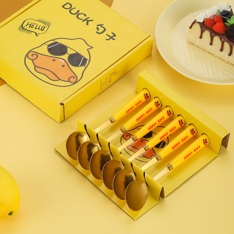 Bộ 6 thìa vàng Duck mạ vàng cán dài muỗng ăn siêu xinh