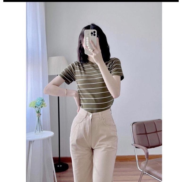 Áo thun ngắn tay/ áo phông kẻ cổ tròn dáng ôm body nhiều màu freesize dễ mix đồ