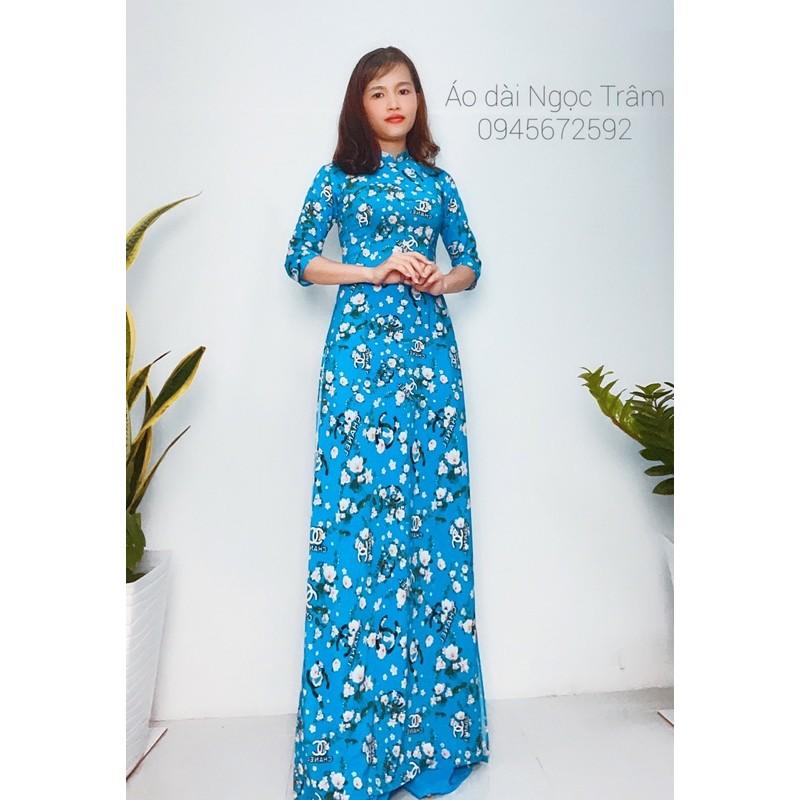 Áo dài truyền thống may sẵn hoa nhí xanh dương