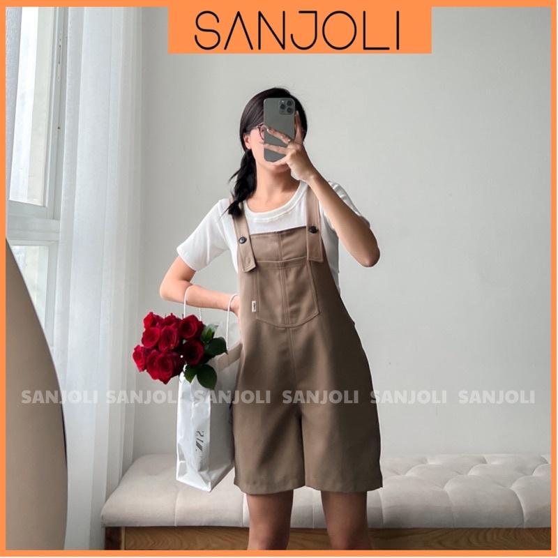 Quần Short Nữ SANJOLI Quần Yếm Ngắn Form Rộng Dây Đeo Có Thể Điều Chỉnh Vải Cotton Có Túi Vintage Màu Nâu Đen QD015